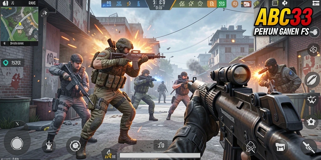Tangkapan layar gameplay ABC33 yang menampilkan aksi tembak-menembak yang intens.