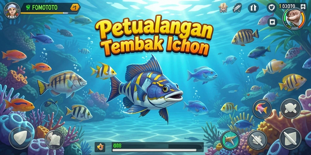 Screenshot FOMOTOTO menampilkan aksi seru berburu ikan.