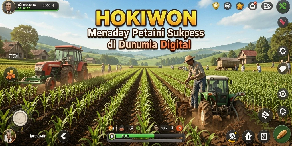 Tampilan gameplay HOKIWON yang menampilkan ladang hijau dan tanaman subur.