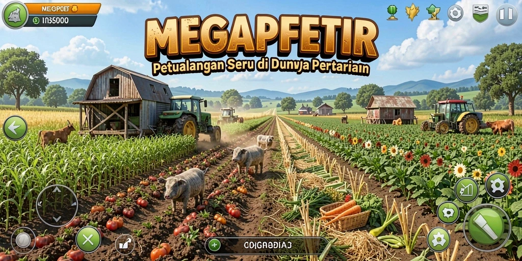 Tangkapan layar gameplay MEGAPETIR menunjukkan keseruan bercocok tanam.
