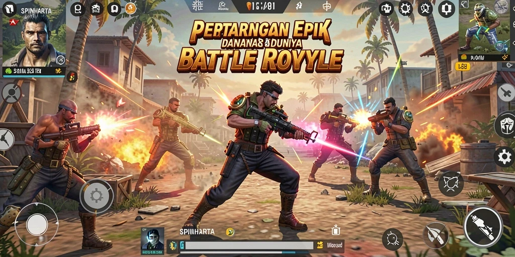 Screenshot gameplay SPINHARTA menunjukkan aksi mendebarkan dalam pertarungan Battle Royale.