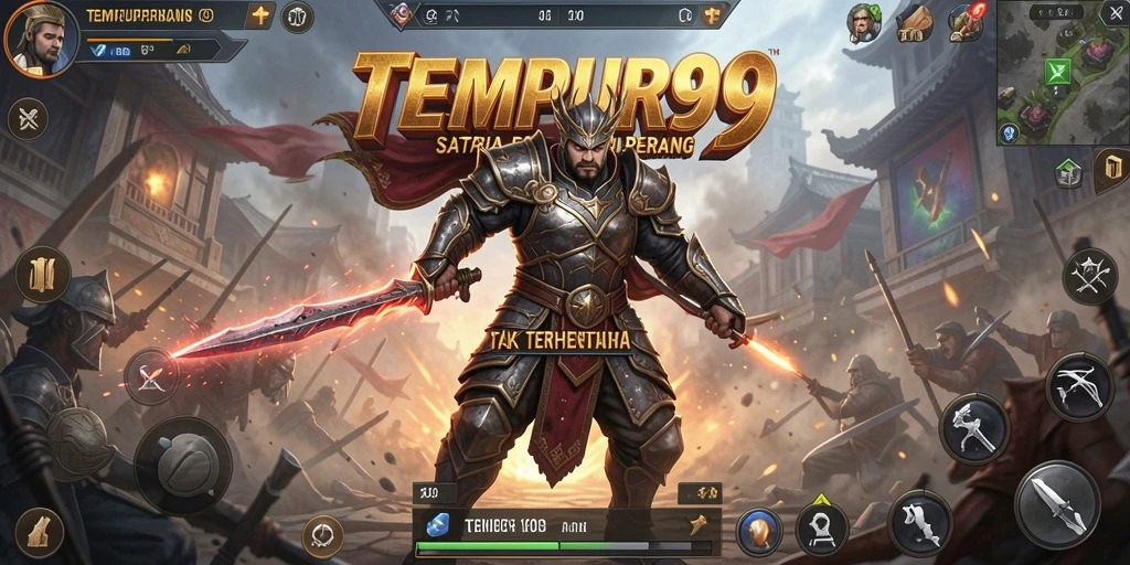 Screenshot utama TEMPUR99 menampilkan pertarungan epik antara karakter berbeda.
