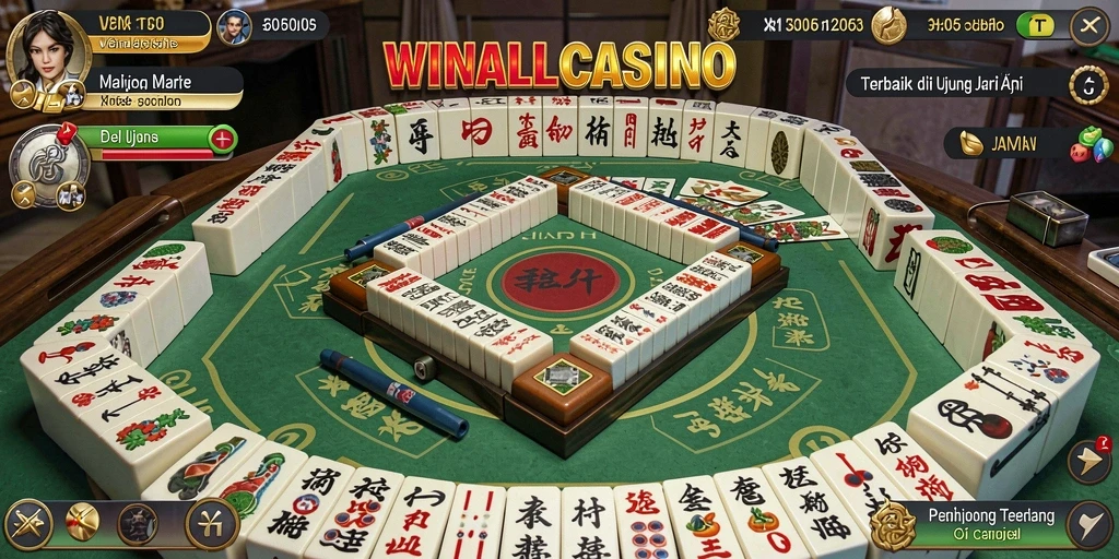 Screenshot gameplay WINALLCASINO dengan tampilan Mahjong yang menawan.